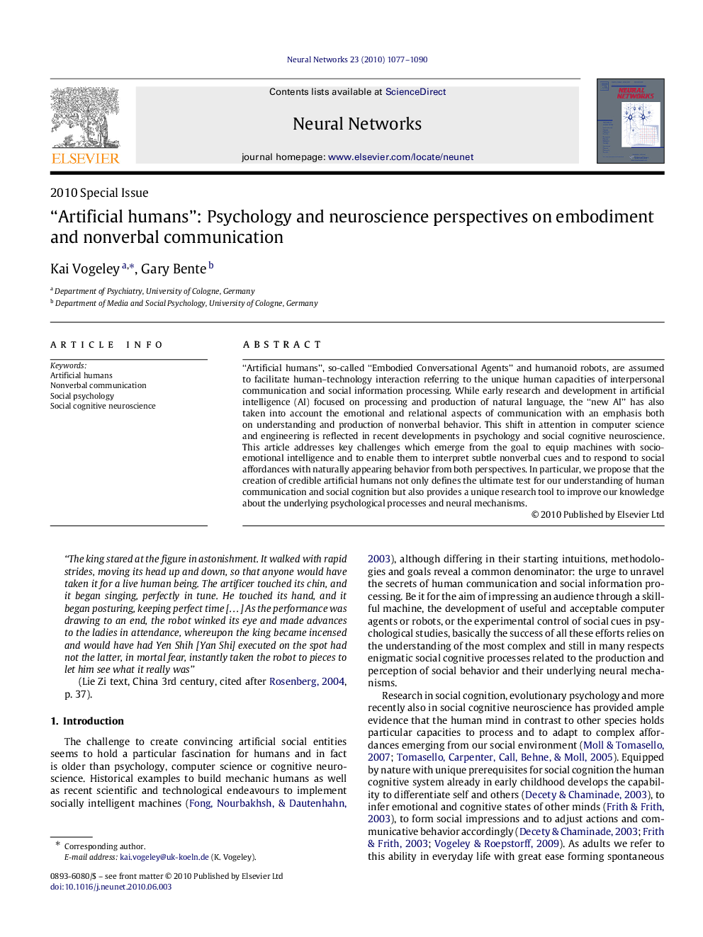 “Artificial humans”: Psychology and neuroscience perspectives on embodiment and nonverbal communication