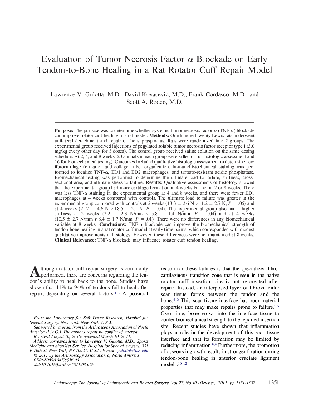 Evaluation of Tumor Necrosis Factor α Blockade on Early Tendon-to-Bone Healing in a Rat Rotator Cuff Repair Model 