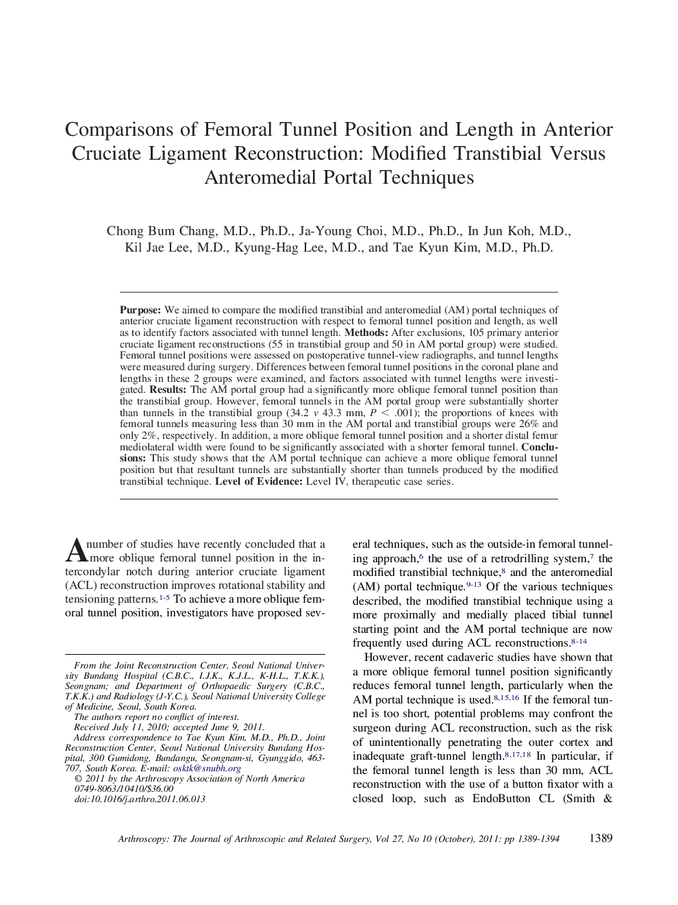 Comparisons of Femoral Tunnel Position and Length in Anterior Cruciate Ligament Reconstruction: Modified Transtibial Versus Anteromedial Portal Techniques 