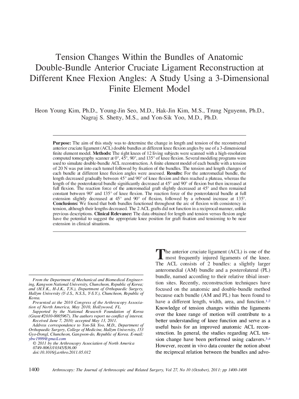 Tension Changes Within the Bundles of Anatomic Double-Bundle Anterior Cruciate Ligament Reconstruction at Different Knee Flexion Angles: A Study Using a 3-Dimensional Finite Element Model 