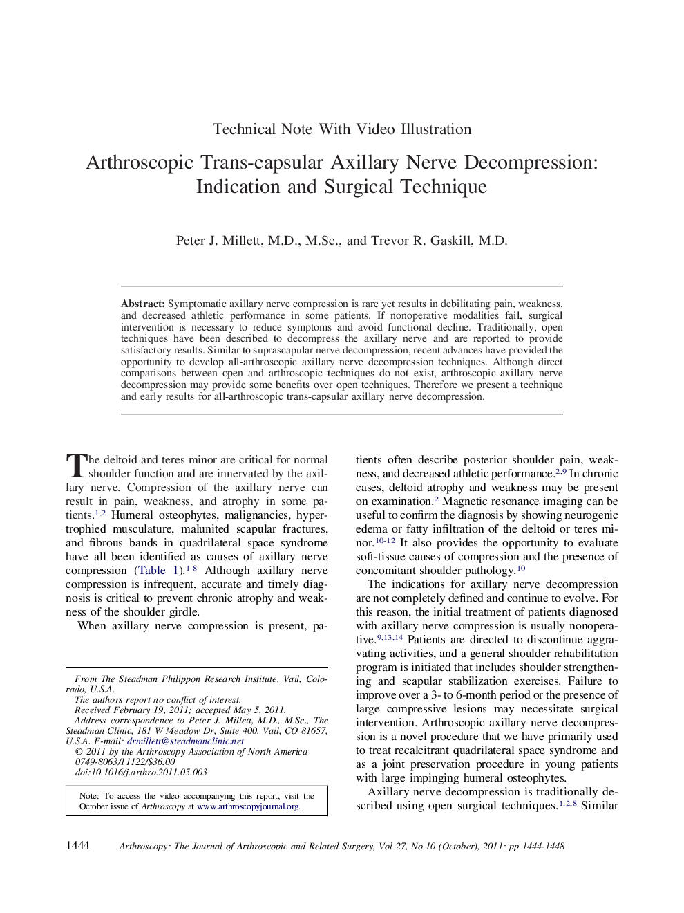 Arthroscopic Trans-capsular Axillary Nerve Decompression: Indication and Surgical Technique 