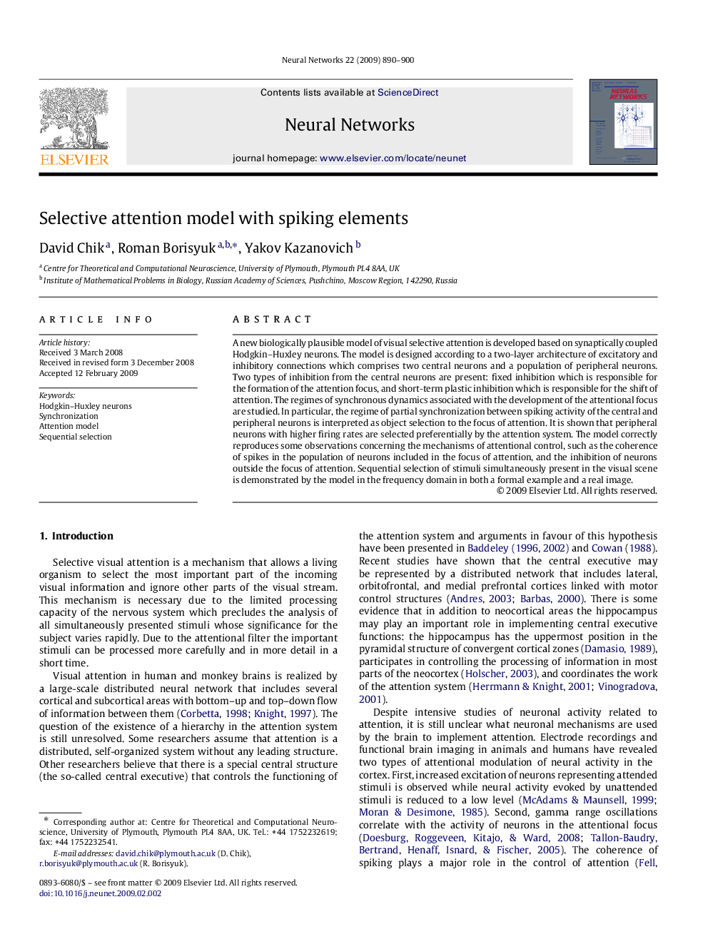 Selective attention model with spiking elements