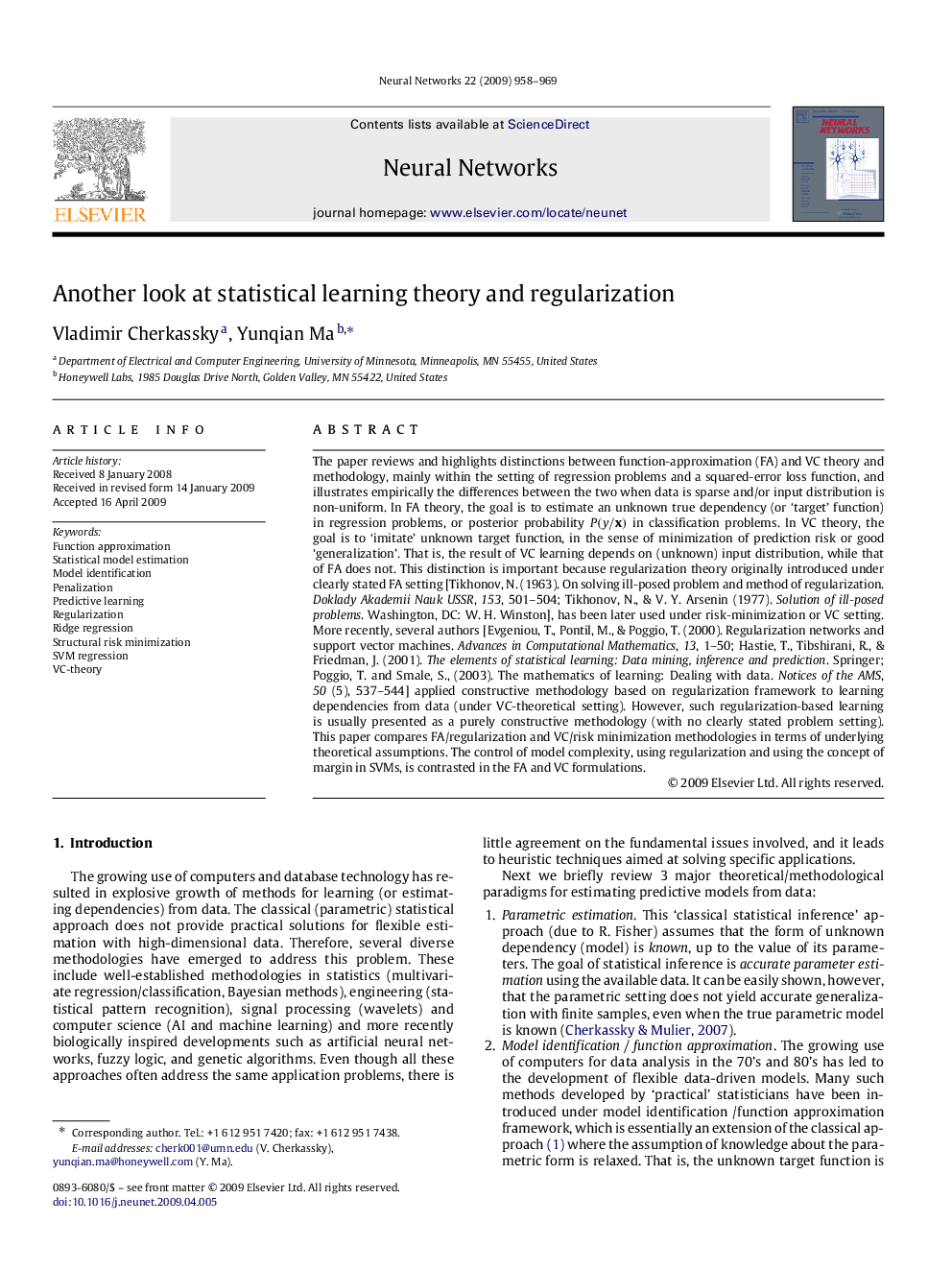 Another look at statistical learning theory and regularization