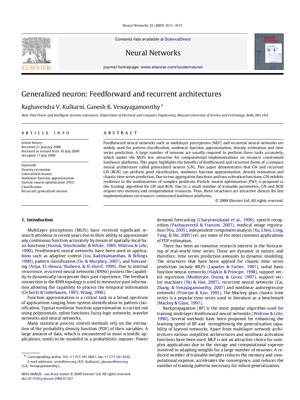 Generalized neuron: Feedforward and recurrent architectures