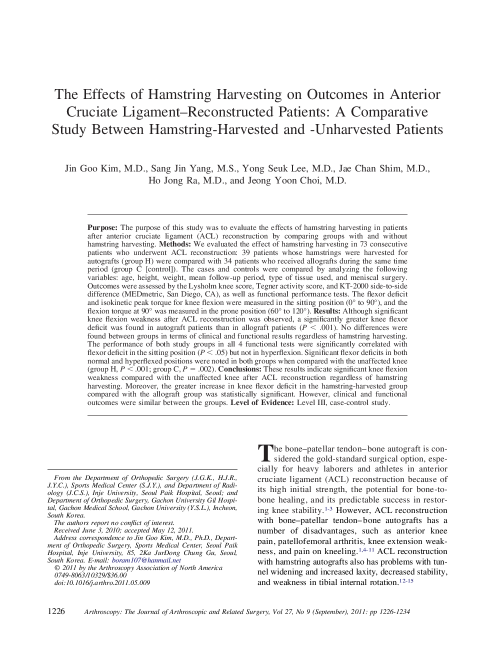 The Effects of Hamstring Harvesting on Outcomes in Anterior Cruciate Ligament–Reconstructed Patients: A Comparative Study Between Hamstring-Harvested and -Unharvested Patients 