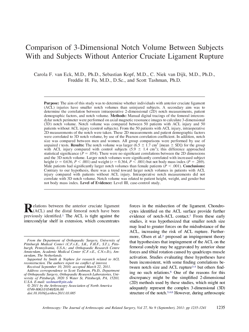 Comparison of 3-Dimensional Notch Volume Between Subjects With and Subjects Without Anterior Cruciate Ligament Rupture 