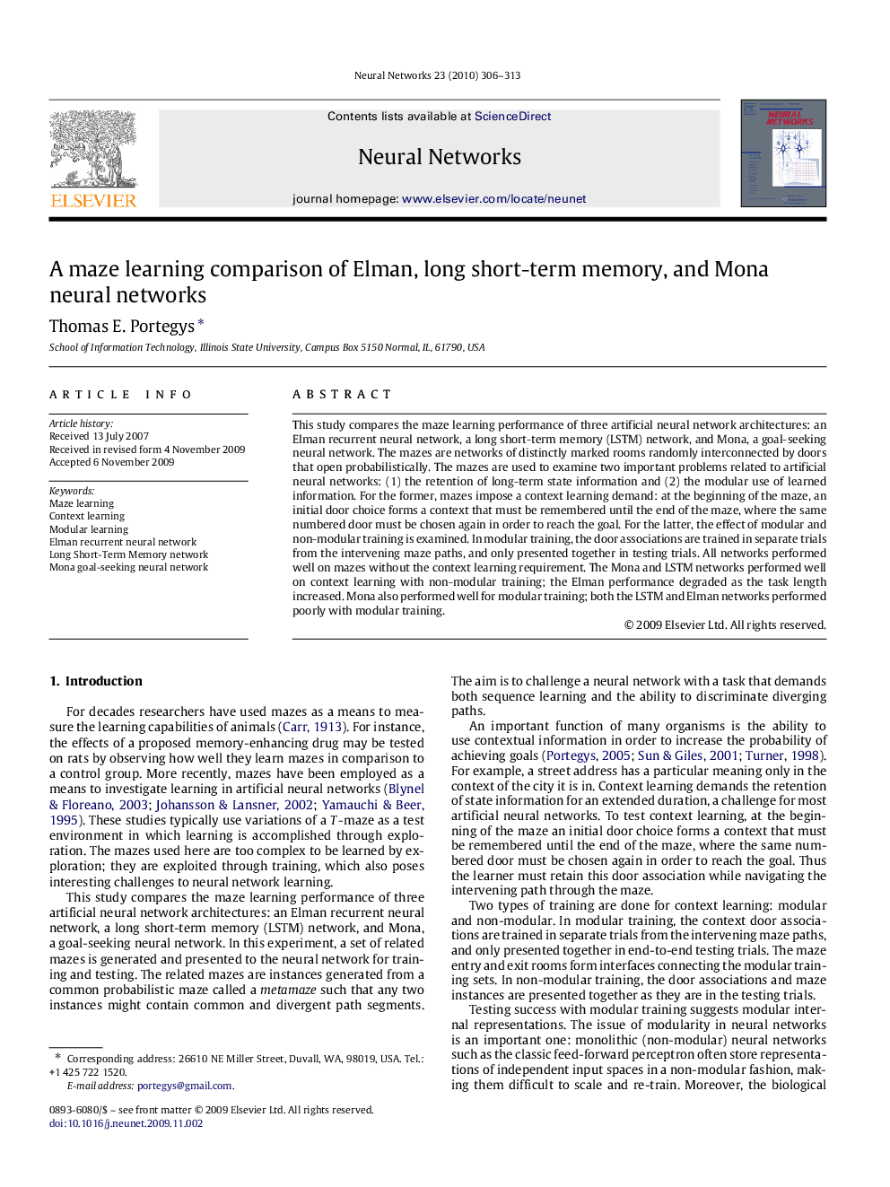 A maze learning comparison of Elman, long short-term memory, and Mona neural networks