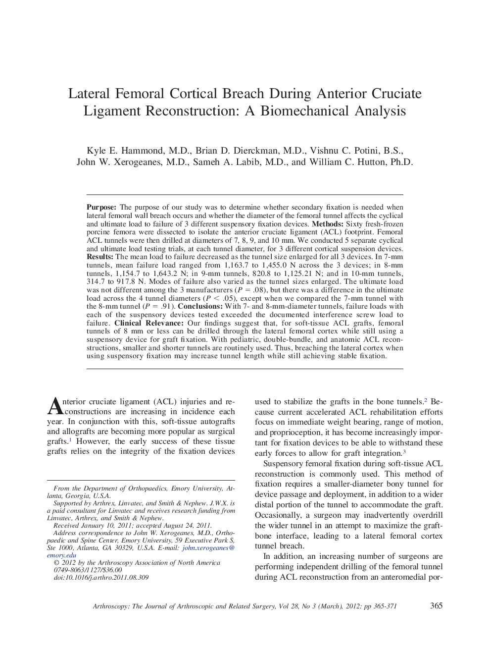 Lateral Femoral Cortical Breach During Anterior Cruciate Ligament Reconstruction: A Biomechanical Analysis 