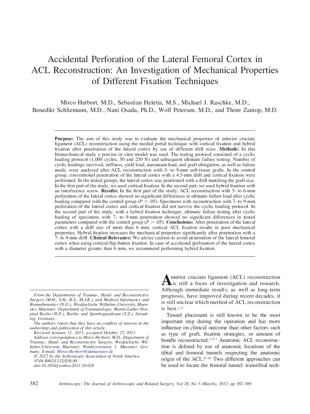 Accidental Perforation of the Lateral Femoral Cortex in ACL Reconstruction: An Investigation of Mechanical Properties of Different Fixation Techniques 