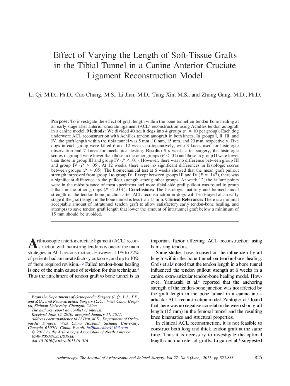 Effect of Varying the Length of Soft-Tissue Grafts in the Tibial Tunnel in a Canine Anterior Cruciate Ligament Reconstruction Model 