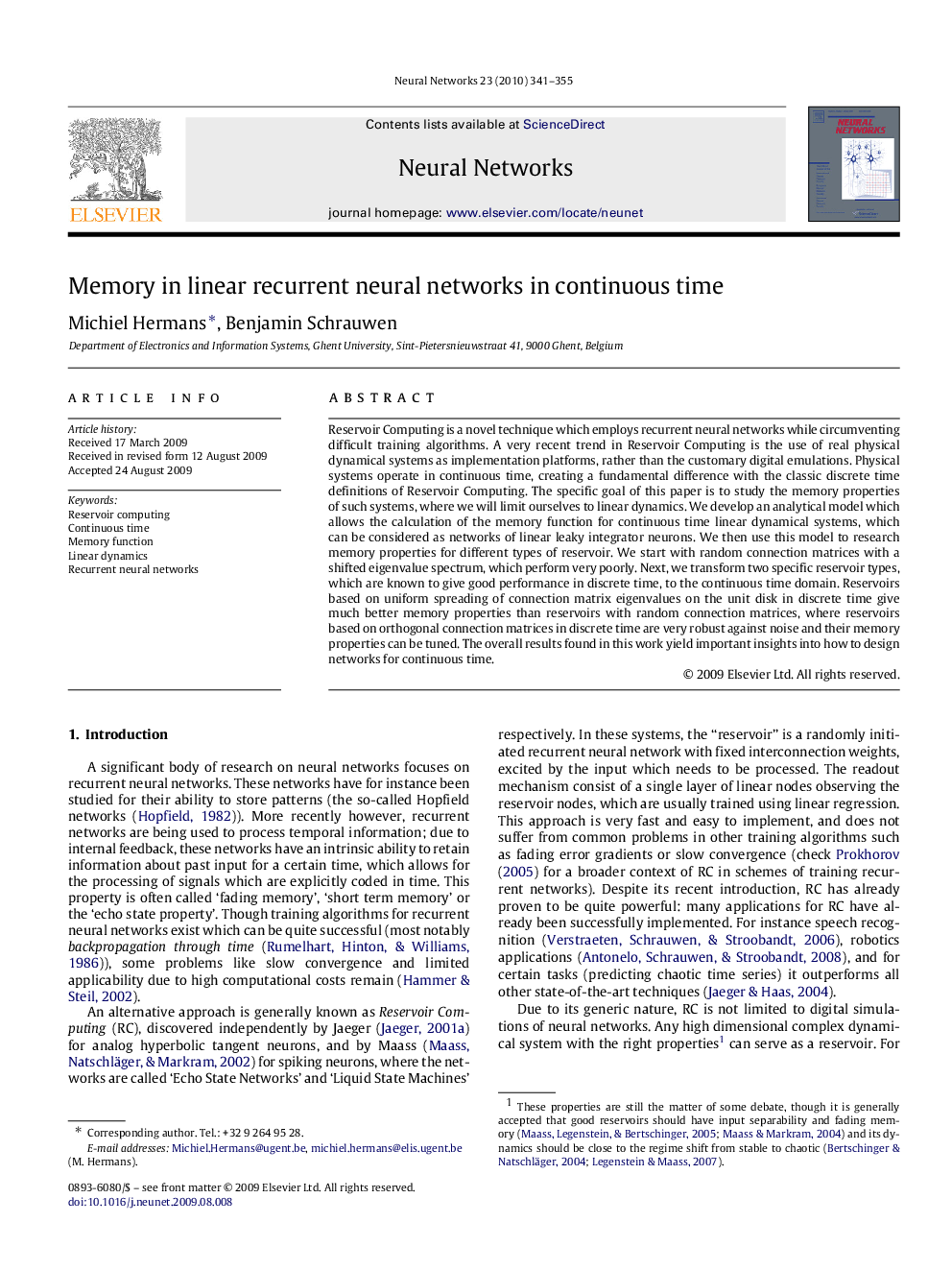 Memory in linear recurrent neural networks in continuous time