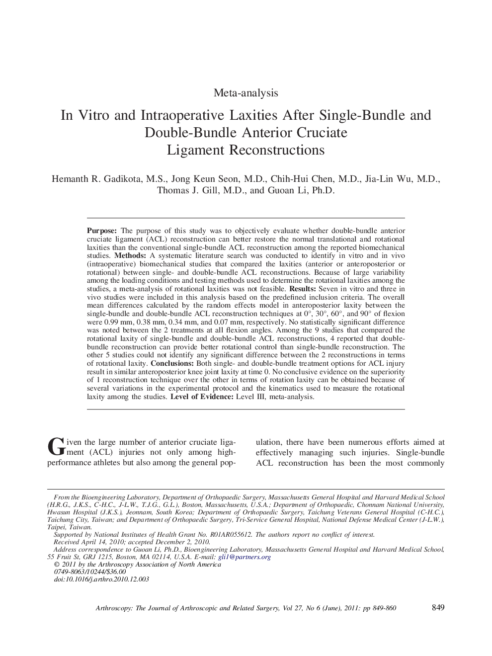 In Vitro and Intraoperative Laxities After Single-Bundle and Double-Bundle Anterior Cruciate Ligament Reconstructions 