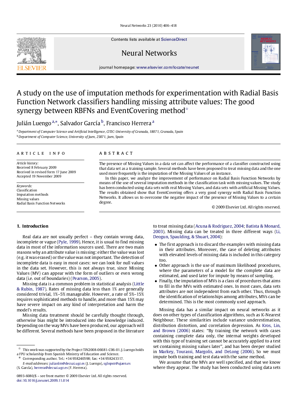 A study on the use of imputation methods for experimentation with Radial Basis Function Network classifiers handling missing attribute values: The good synergy between RBFNs and EventCovering method 