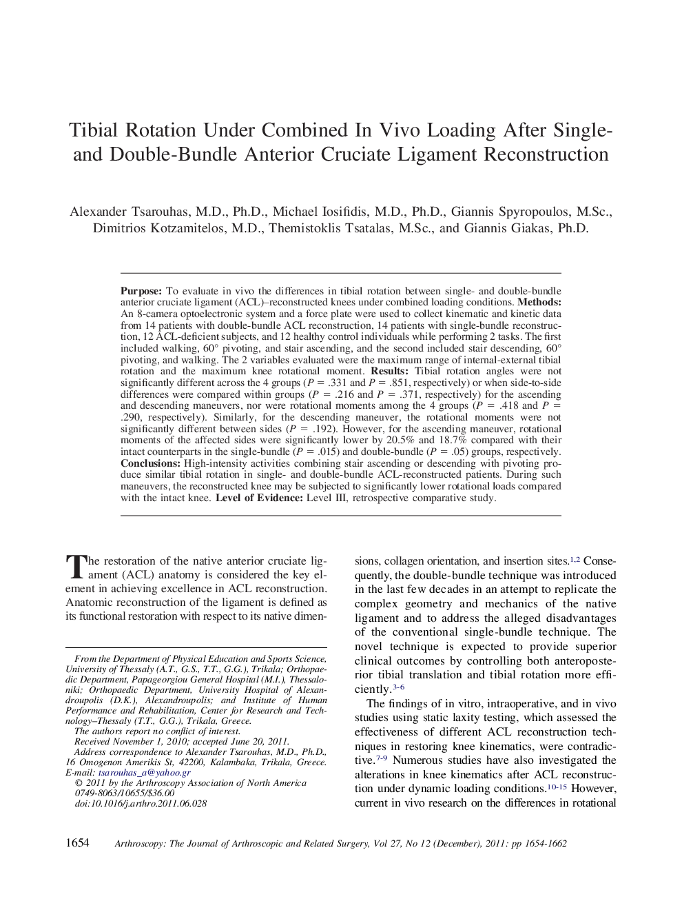 Tibial Rotation Under Combined In Vivo Loading After Single- and Double-Bundle Anterior Cruciate Ligament Reconstruction 