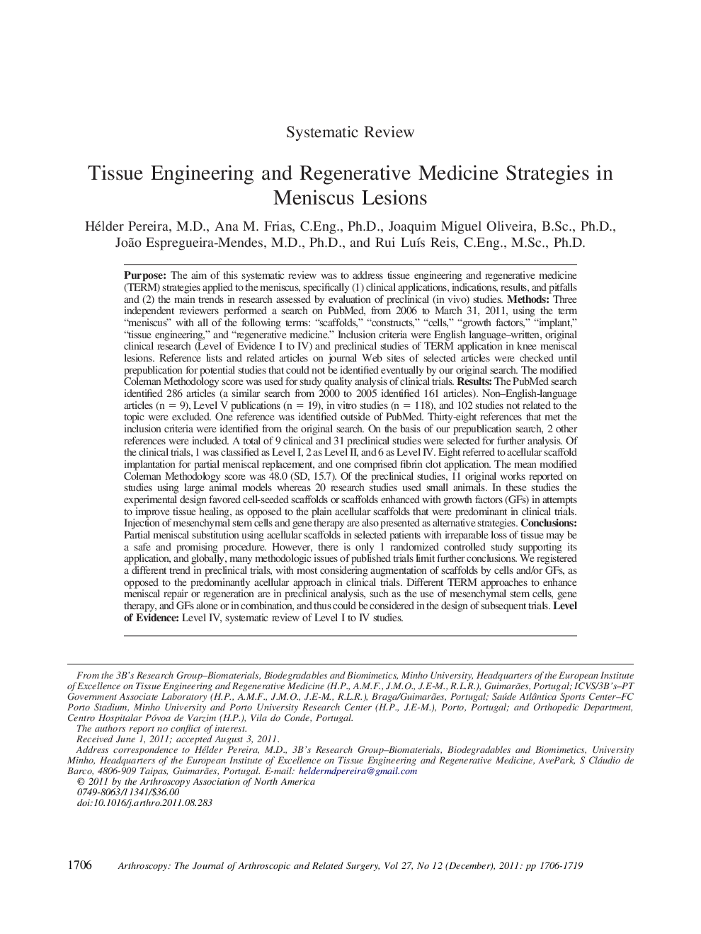 Tissue Engineering and Regenerative Medicine Strategies in Meniscus Lesions 