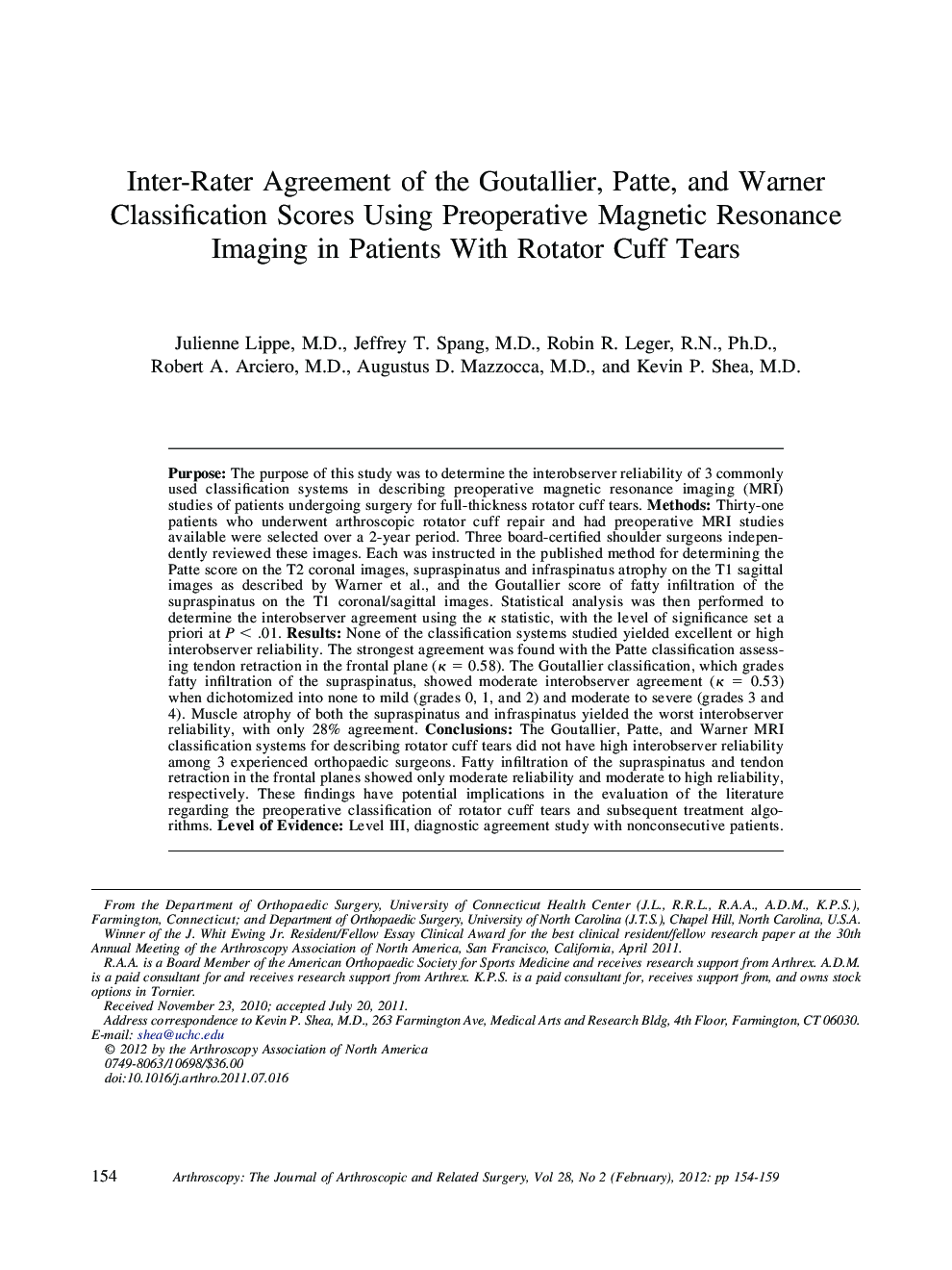 Inter-Rater Agreement of the Goutallier, Patte, and Warner Classification Scores Using Preoperative Magnetic Resonance Imaging in Patients With Rotator Cuff Tears 