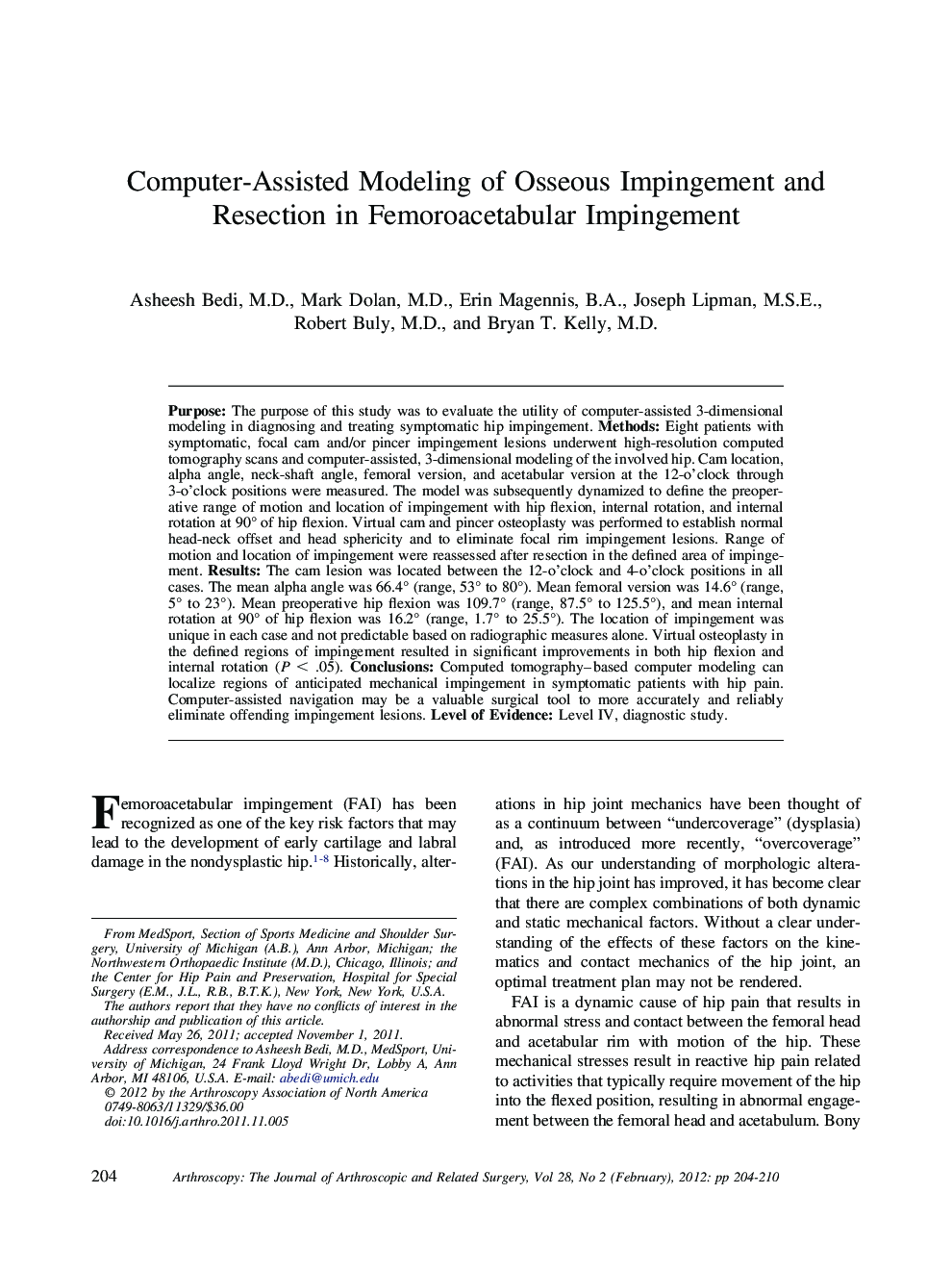 Computer-Assisted Modeling of Osseous Impingement and Resection in Femoroacetabular Impingement 