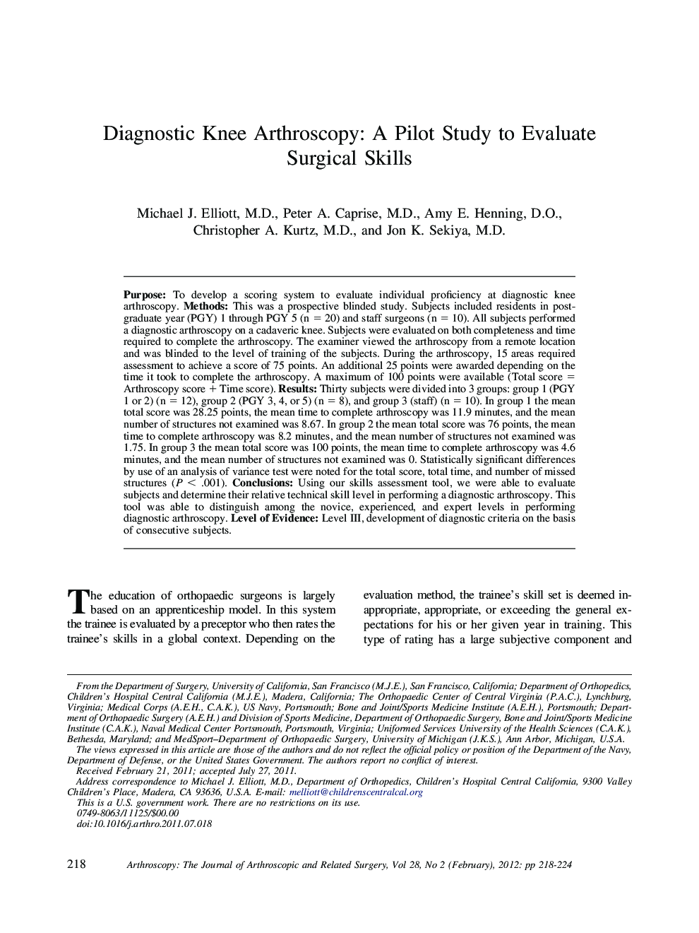 Diagnostic Knee Arthroscopy: A Pilot Study to Evaluate Surgical Skills