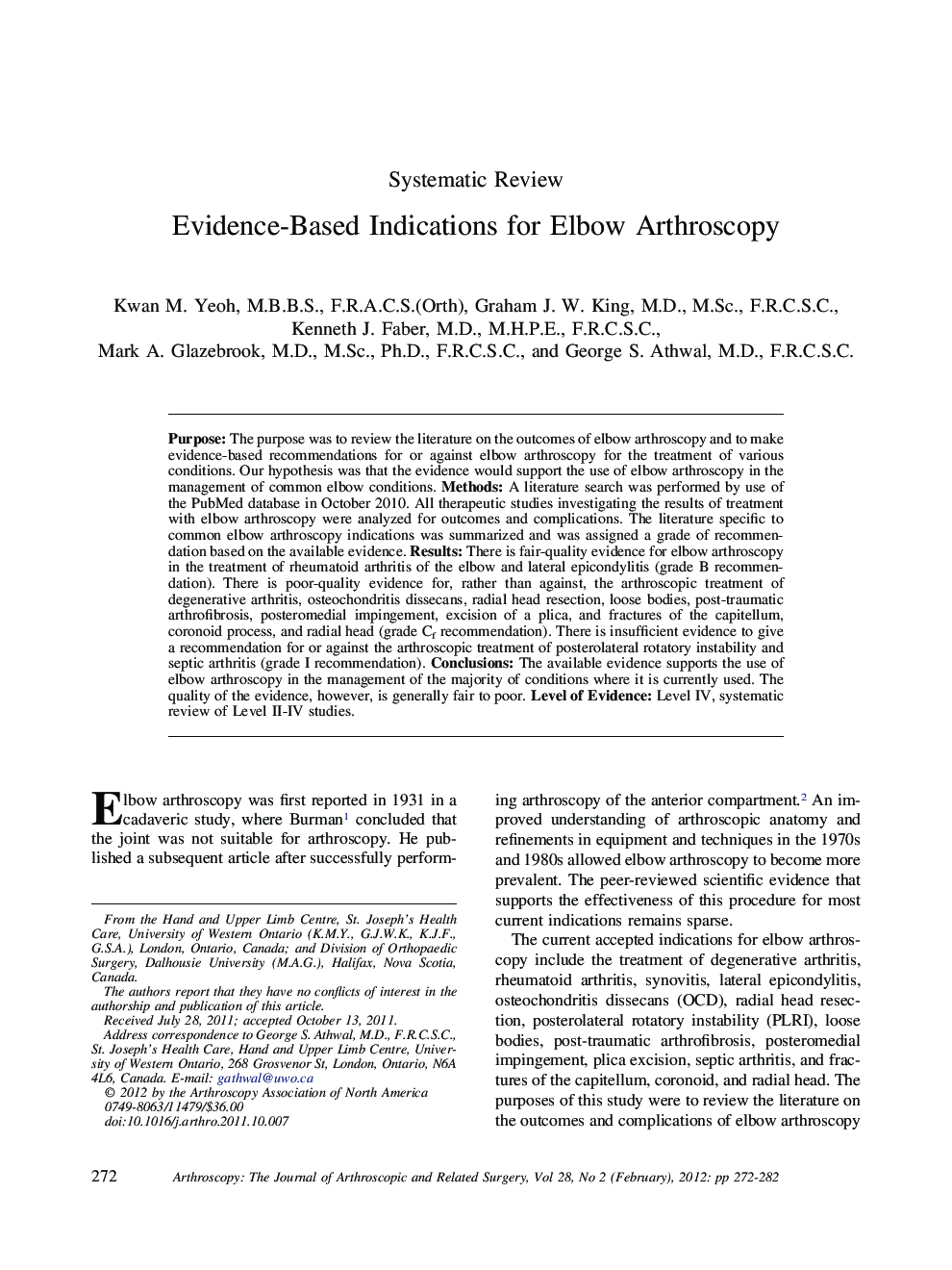 Evidence-Based Indications for Elbow Arthroscopy 