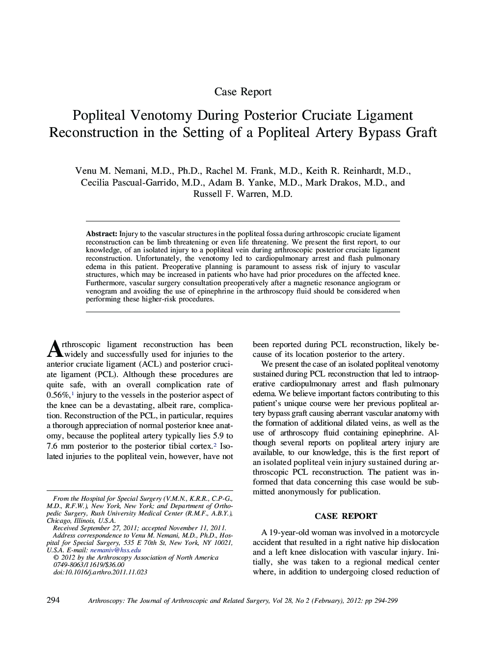 Popliteal Venotomy During Posterior Cruciate Ligament Reconstruction in the Setting of a Popliteal Artery Bypass Graft