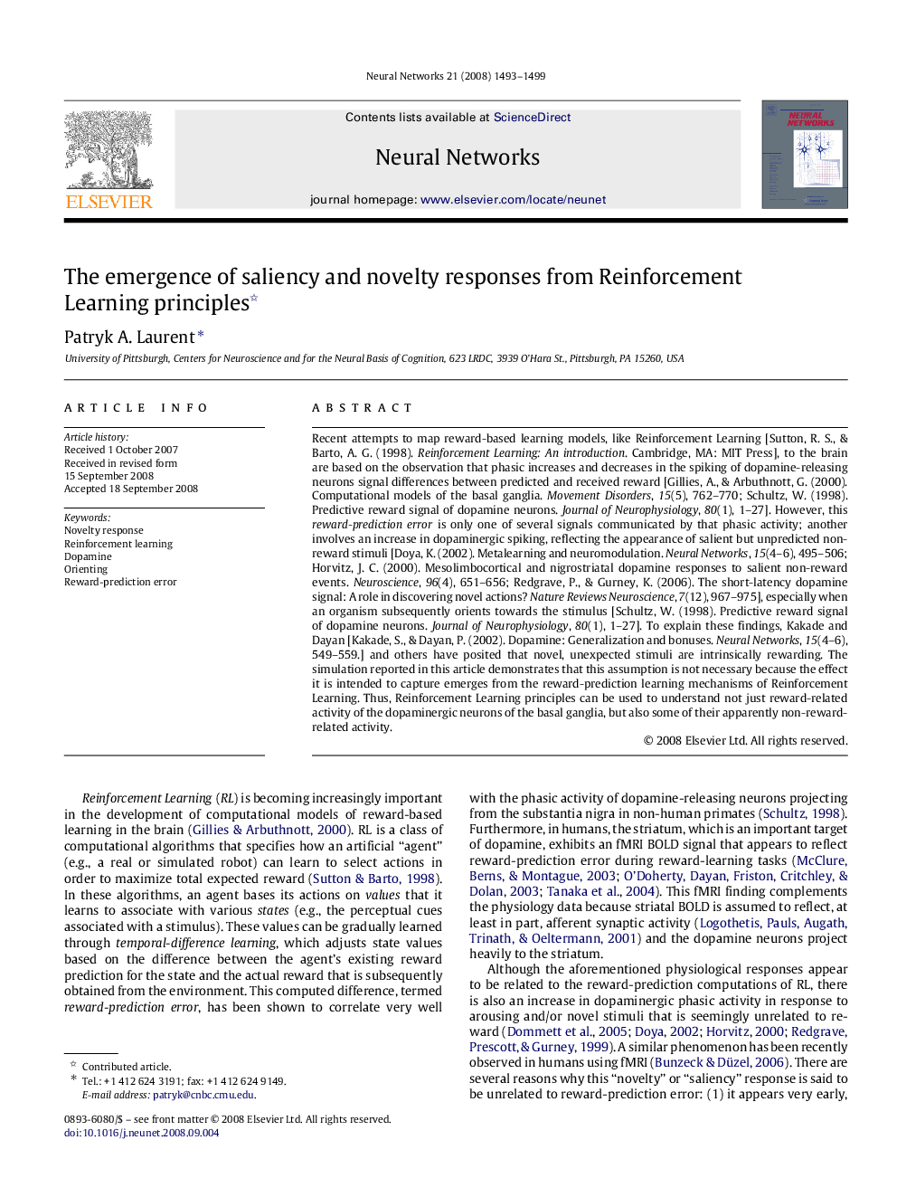 The emergence of saliency and novelty responses from Reinforcement Learning principles 