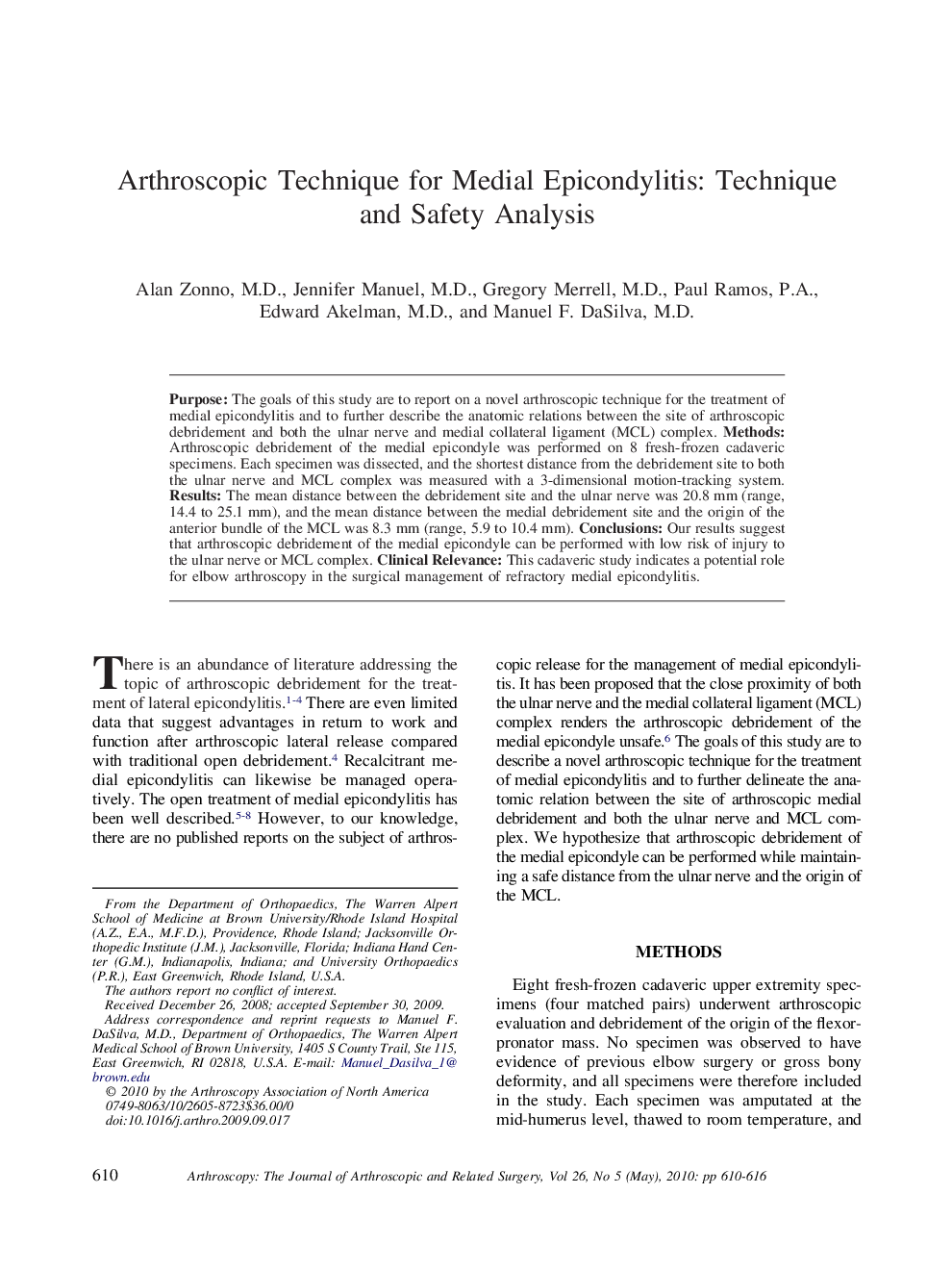 Arthroscopic Technique for Medial Epicondylitis: Technique and Safety Analysis 