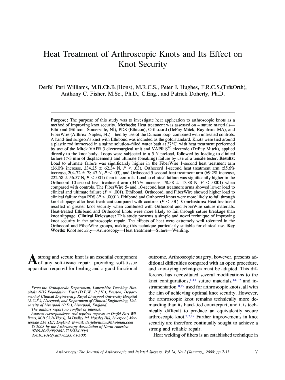 عکس صفحه اول مقاله: Heat Treatment of Arthroscopic Knots and Its Effect on Knot Security Heat Treatment of Arthroscopic Knots and Its Effect on Knot Security