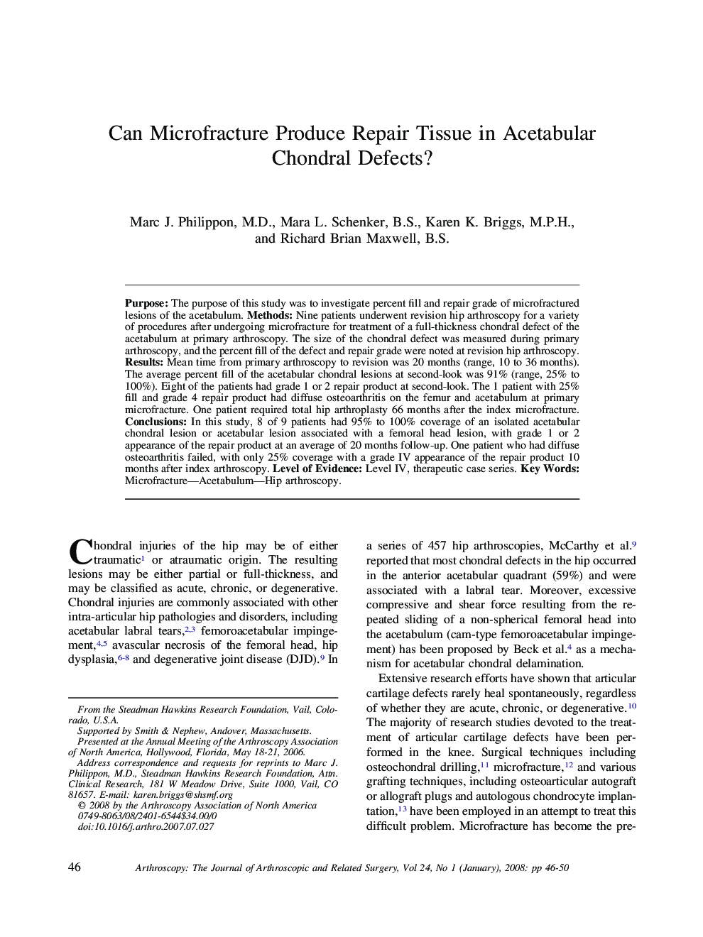 Can Microfracture Produce Repair Tissue in Acetabular Chondral Defects? 