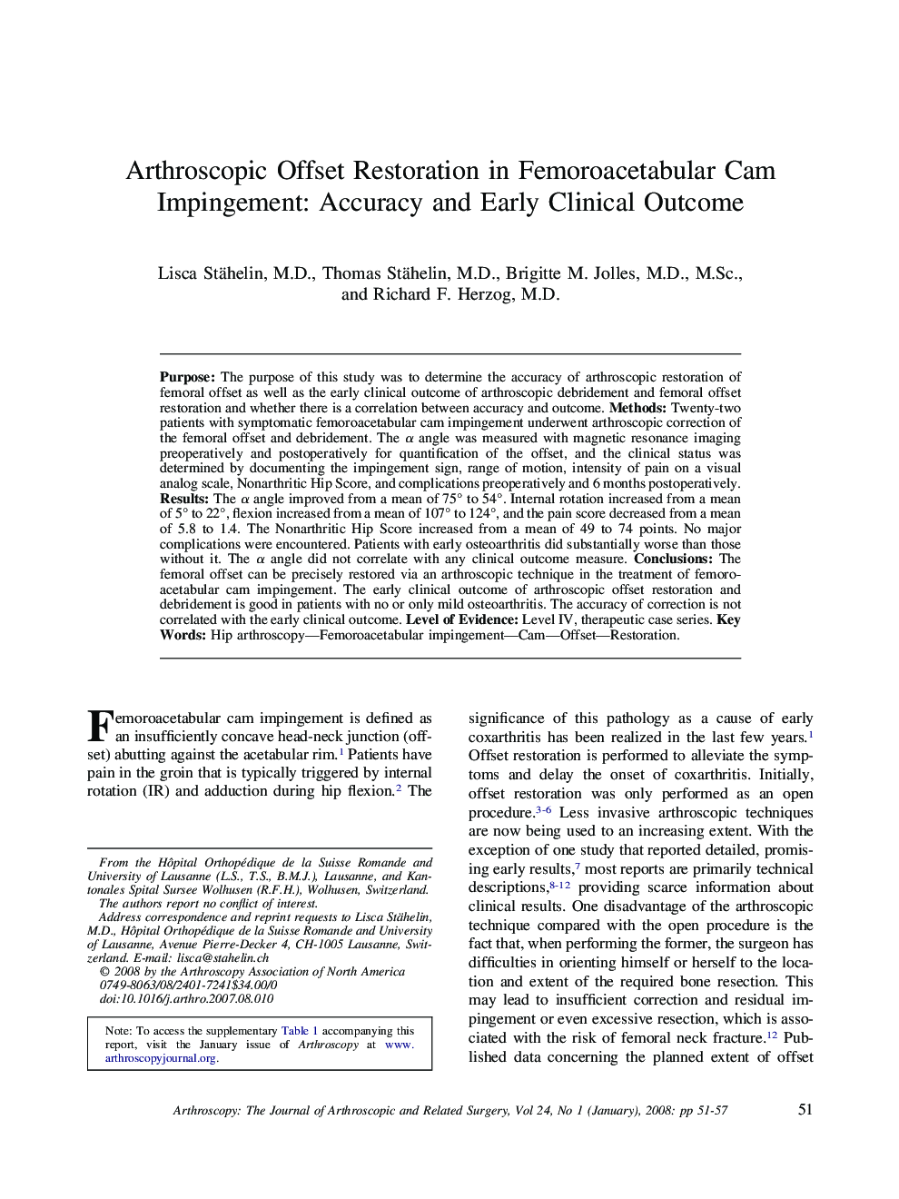 Arthroscopic Offset Restoration in Femoroacetabular Cam Impingement: Accuracy and Early Clinical Outcome