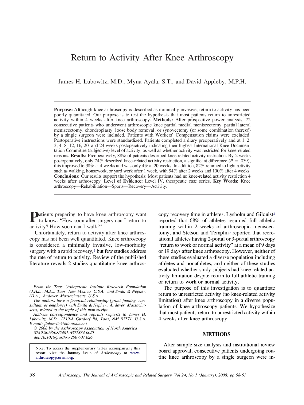 Return to Activity After Knee Arthroscopy