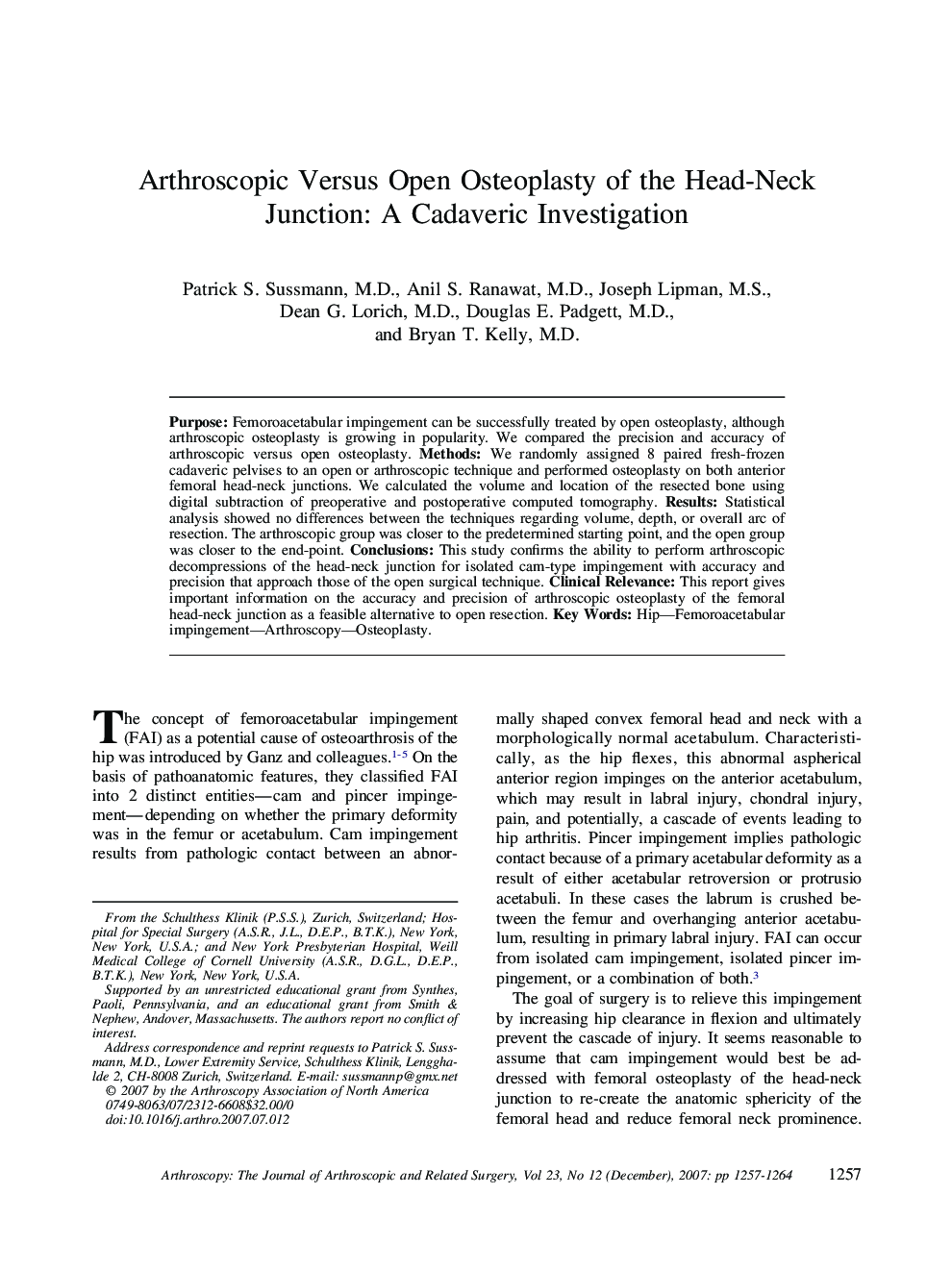 Arthroscopic Versus Open Osteoplasty of the Head-Neck Junction: A Cadaveric Investigation