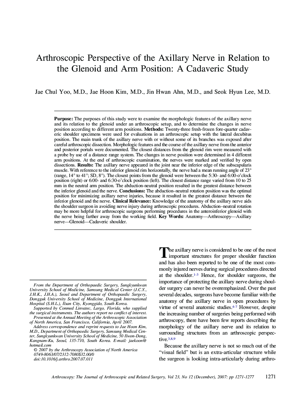 Arthroscopic Perspective of the Axillary Nerve in Relation to the Glenoid and Arm Position: A Cadaveric Study 