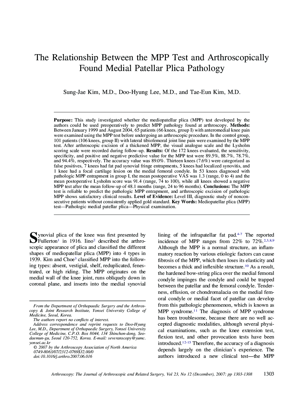 The Relationship Between the MPP Test and Arthroscopically Found Medial Patellar Plica Pathology 