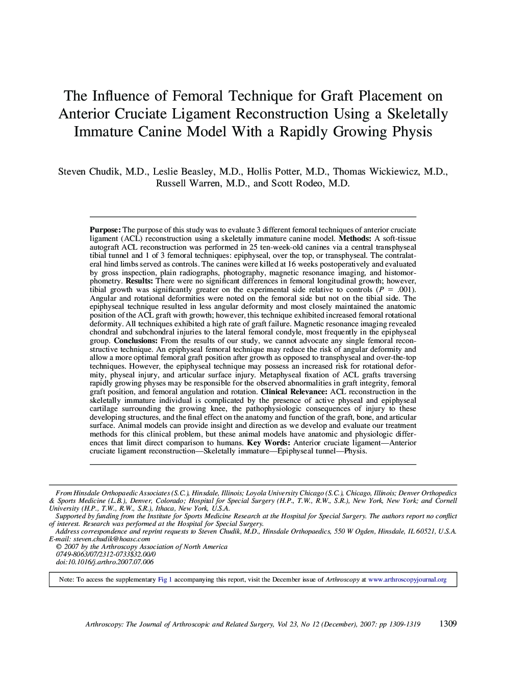 The Influence of Femoral Technique for Graft Placement on Anterior Cruciate Ligament Reconstruction Using a Skeletally Immature Canine Model With a Rapidly Growing Physis