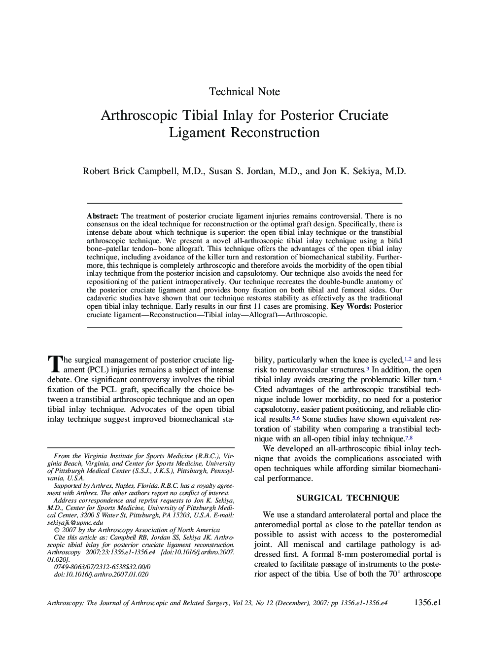 Arthroscopic Tibial Inlay for Posterior Cruciate Ligament Reconstruction