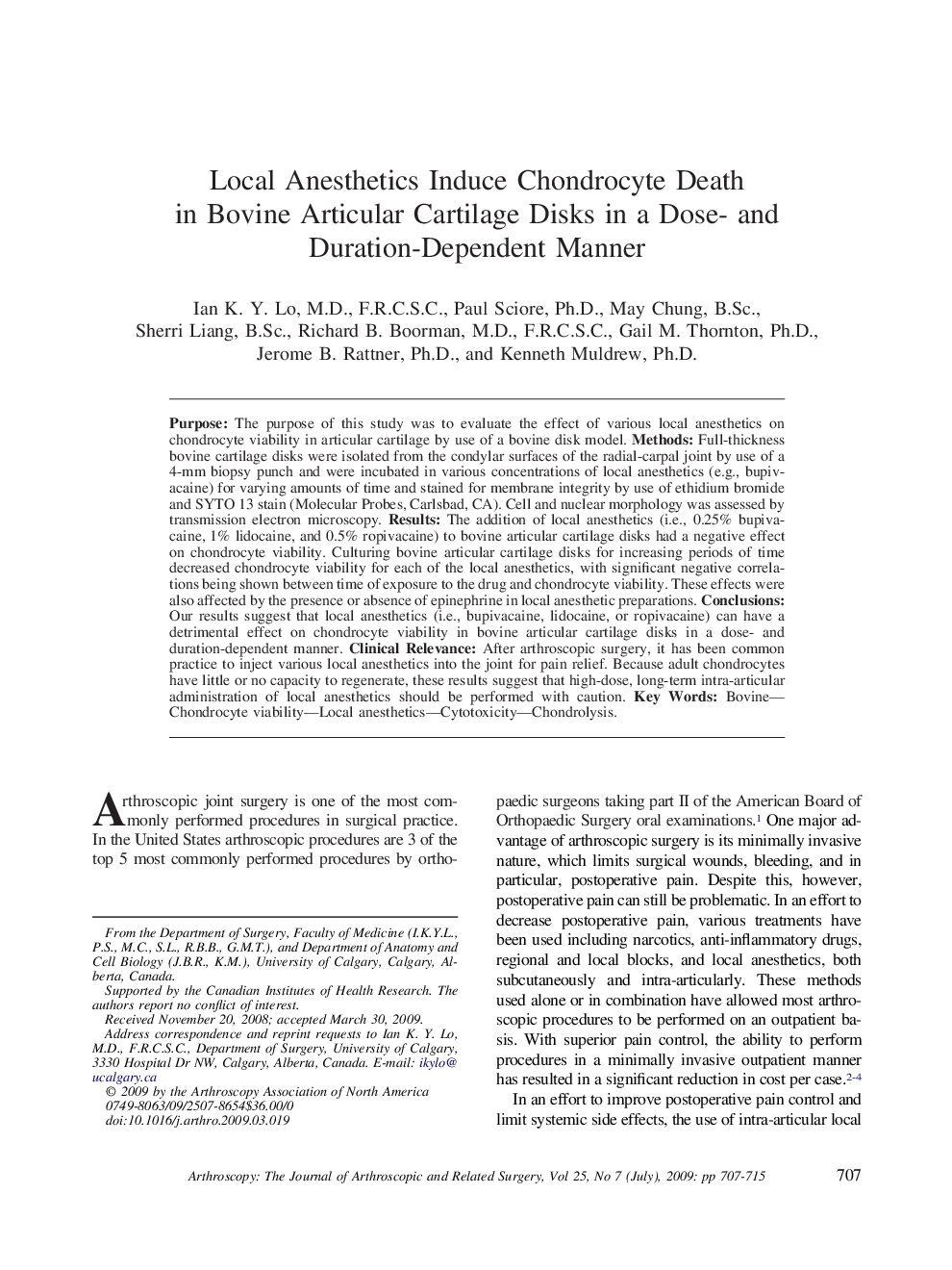 Local Anesthetics Induce Chondrocyte Death in Bovine Articular Cartilage Disks in a Dose- and Duration-Dependent Manner 