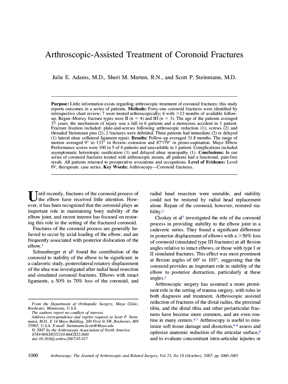 Arthroscopic-Assisted Treatment of Coronoid Fractures 