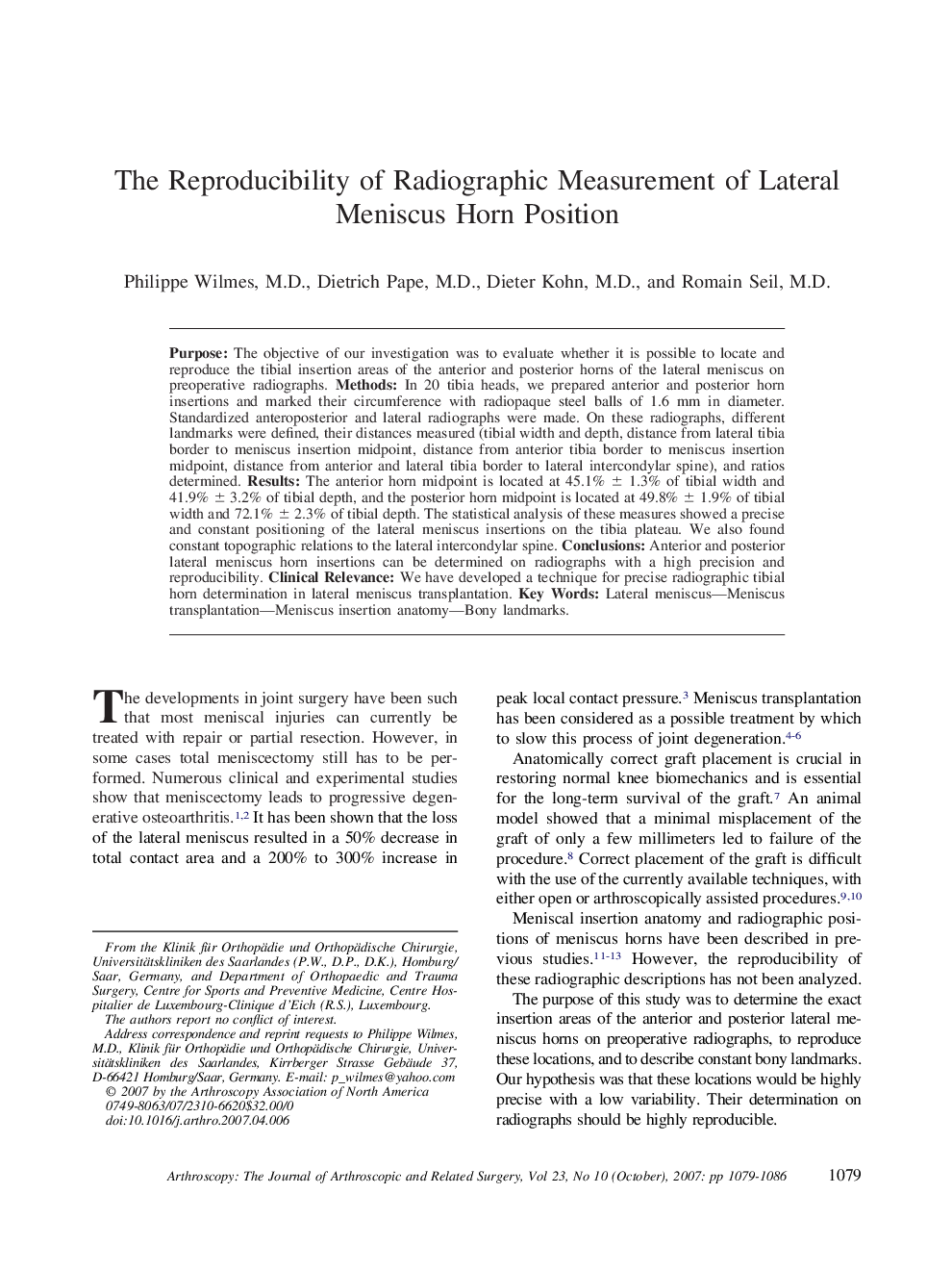 The Reproducibility of Radiographic Measurement of Lateral Meniscus Horn Position 