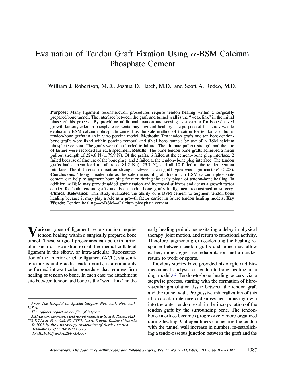 Evaluation of Tendon Graft Fixation Using α-BSM Calcium Phosphate Cement 