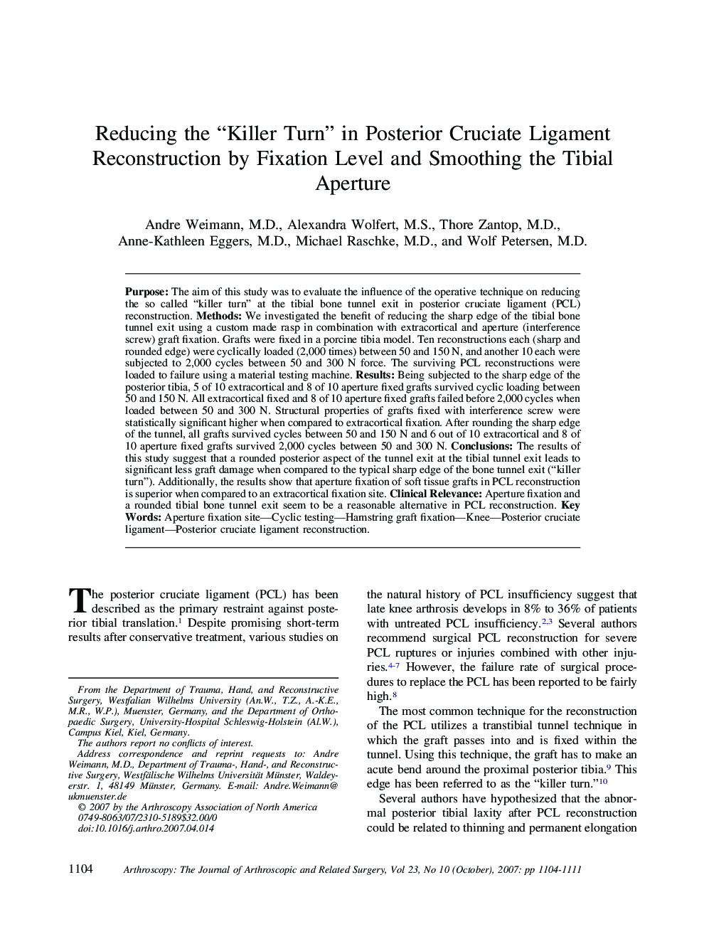 Reducing the “Killer Turn” in Posterior Cruciate Ligament Reconstruction by Fixation Level and Smoothing the Tibial Aperture 
