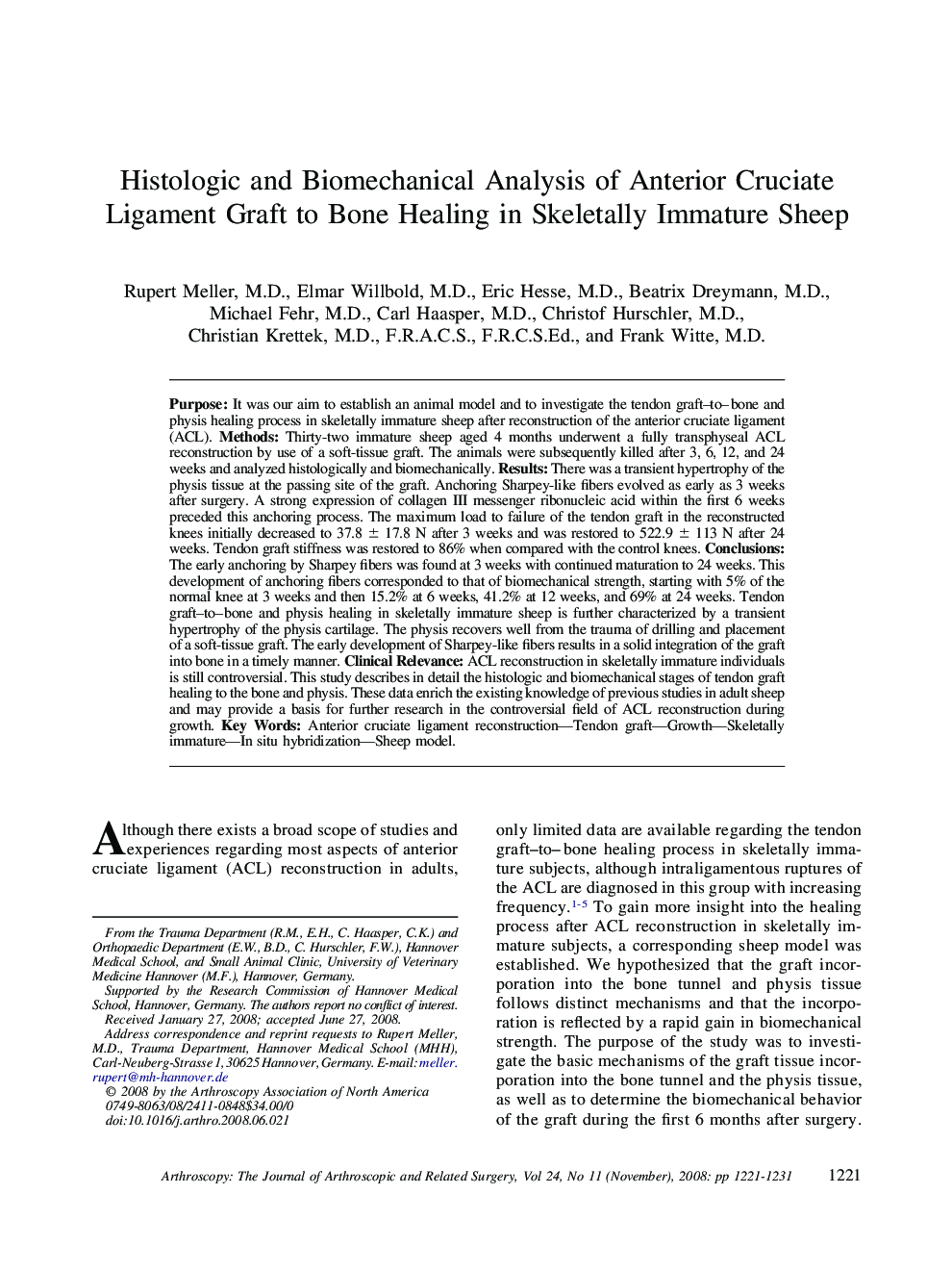 Histologic and Biomechanical Analysis of Anterior Cruciate Ligament Graft to Bone Healing in Skeletally Immature Sheep 