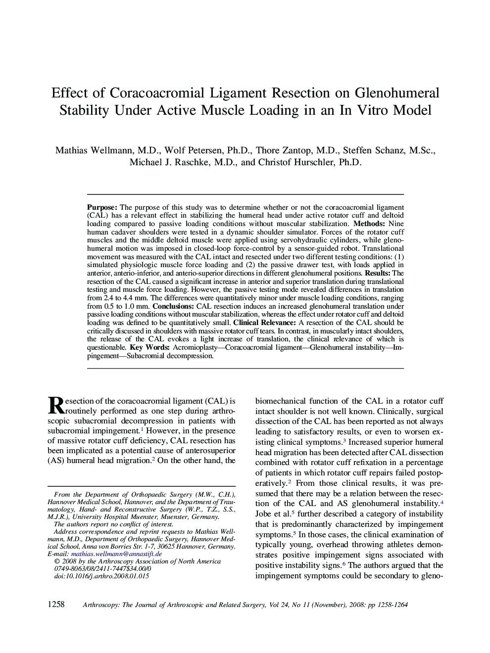 Effect of Coracoacromial Ligament Resection on Glenohumeral Stability Under Active Muscle Loading in an In Vitro Model 