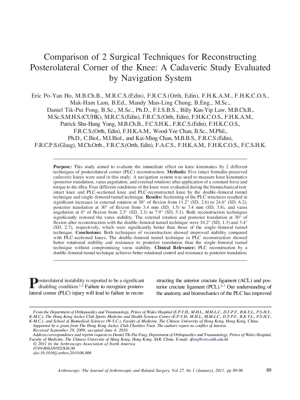 Comparison of 2 Surgical Techniques for Reconstructing Posterolateral Corner of the Knee: A Cadaveric Study Evaluated by Navigation System 