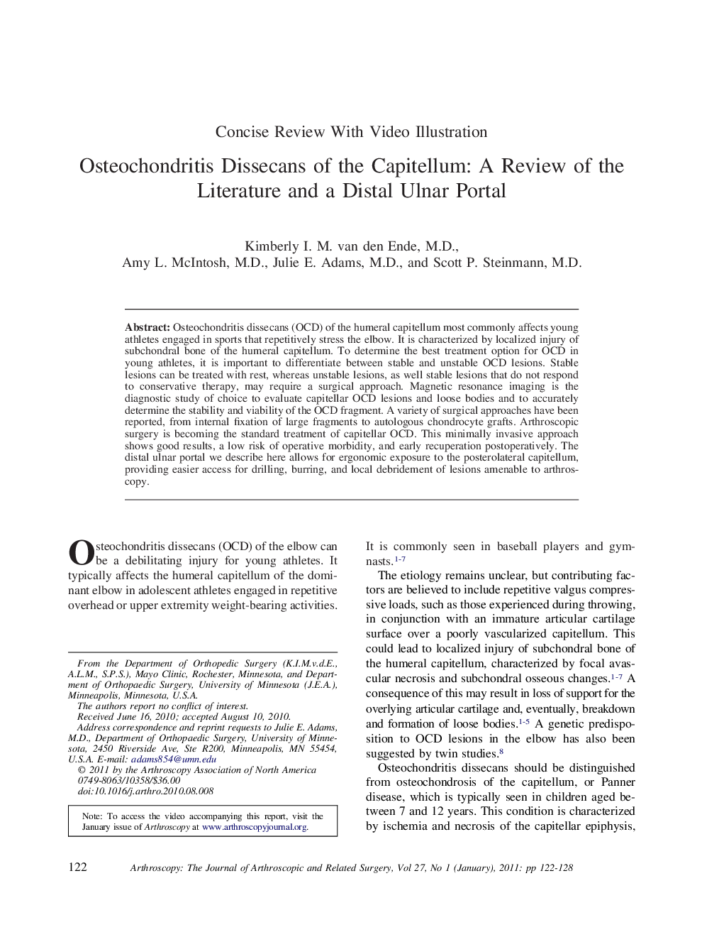 Osteochondritis Dissecans of the Capitellum: A Review of the Literature and a Distal Ulnar Portal 