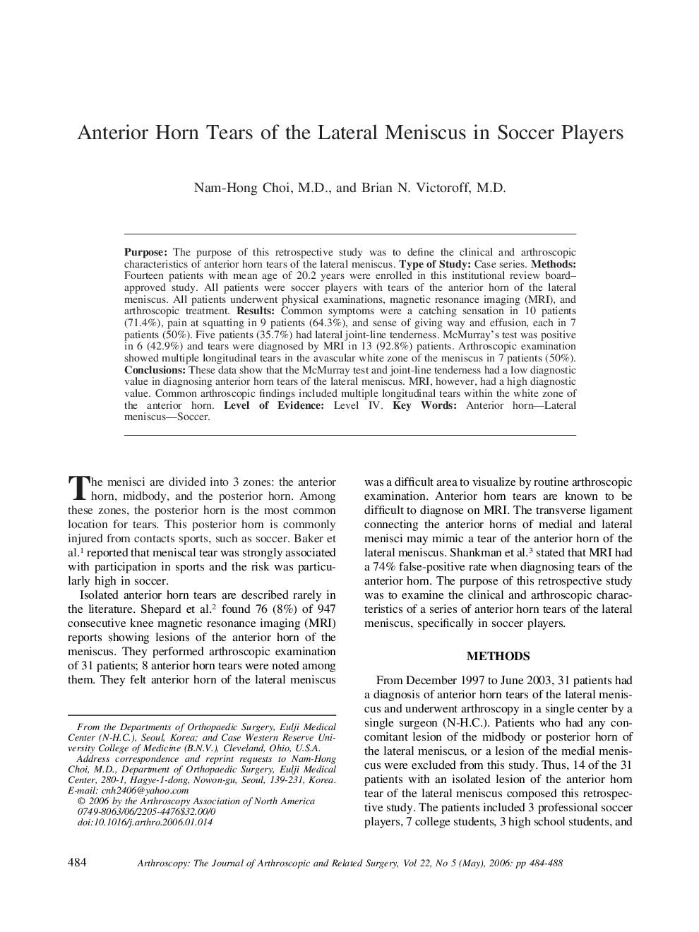 Anterior Horn Tears of the Lateral Meniscus in Soccer Players