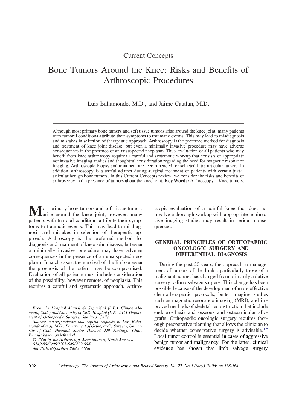 Bone Tumors Around the Knee: Risks and Benefits of Arthroscopic Procedures