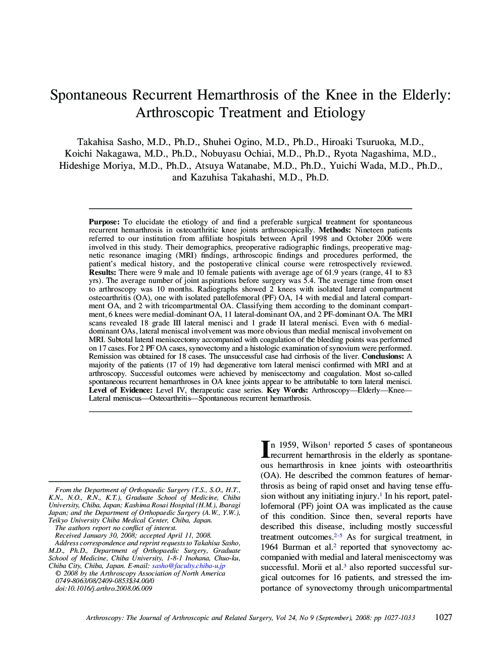 Spontaneous Recurrent Hemarthrosis of the Knee in the Elderly: Arthroscopic Treatment and Etiology