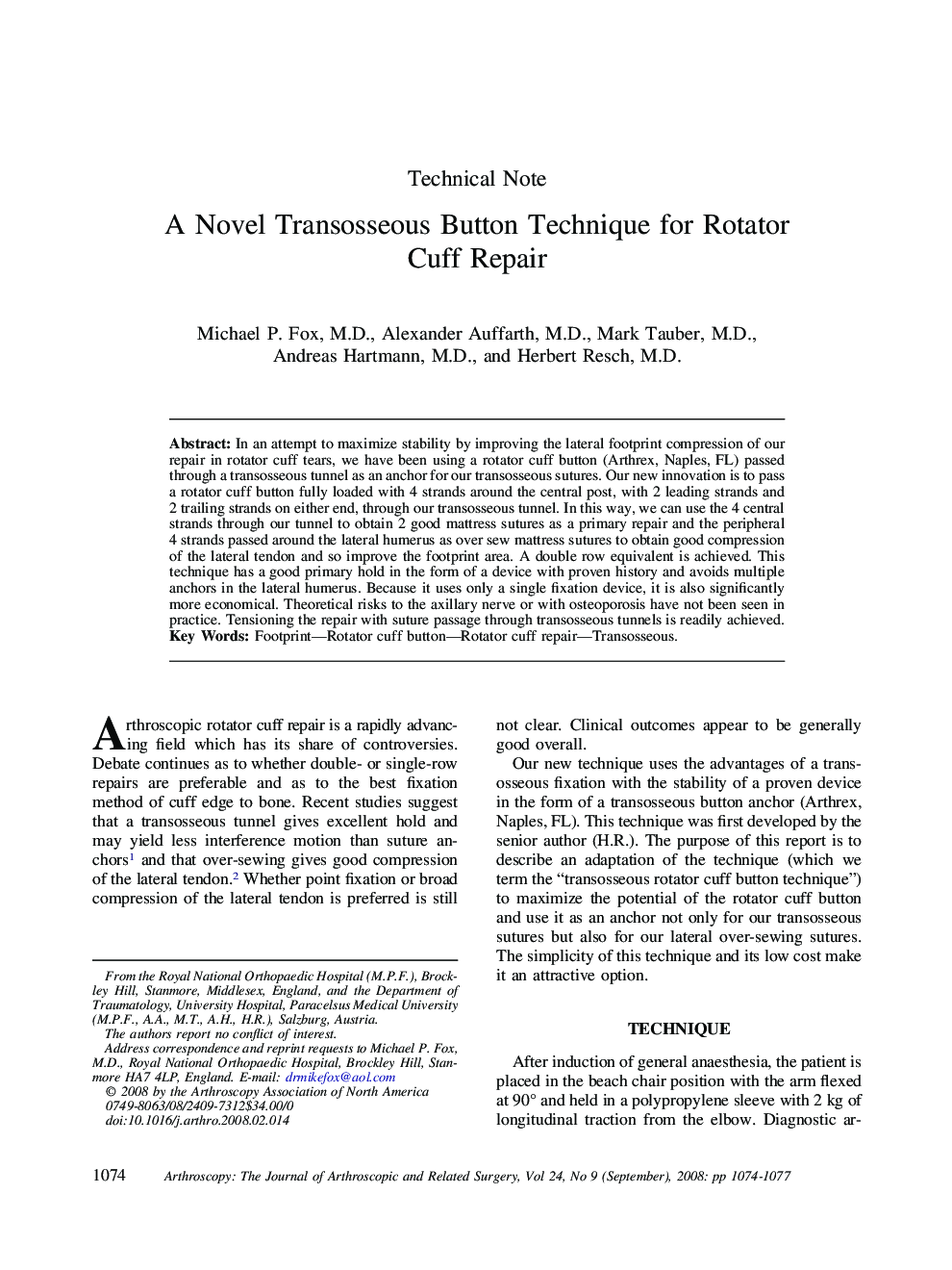 A Novel Transosseous Button Technique for Rotator Cuff Repair 