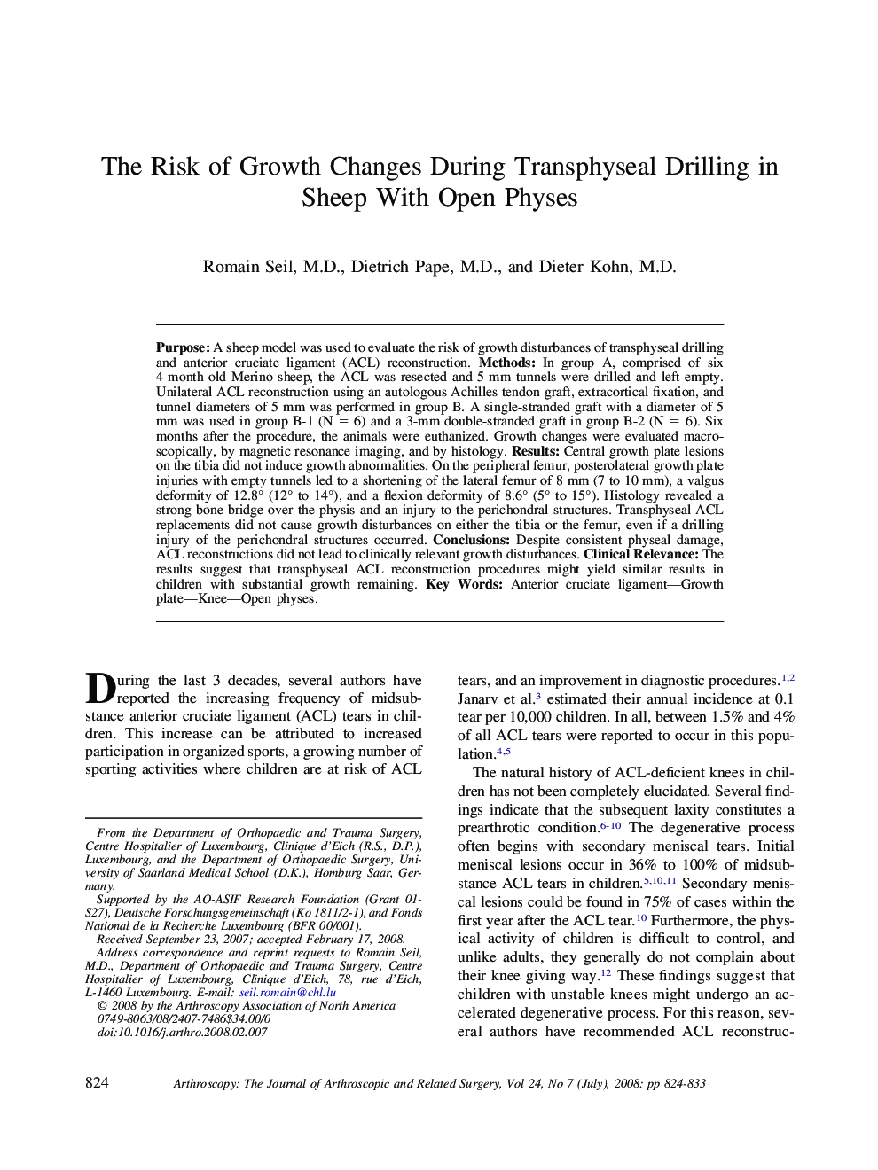 The Risk of Growth Changes During Transphyseal Drilling in Sheep With Open Physes 