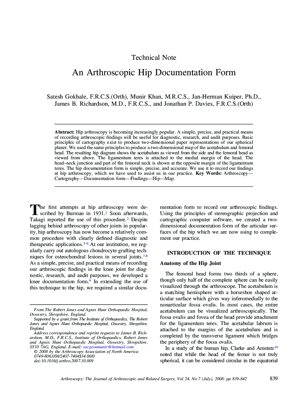 An Arthroscopic Hip Documentation Form